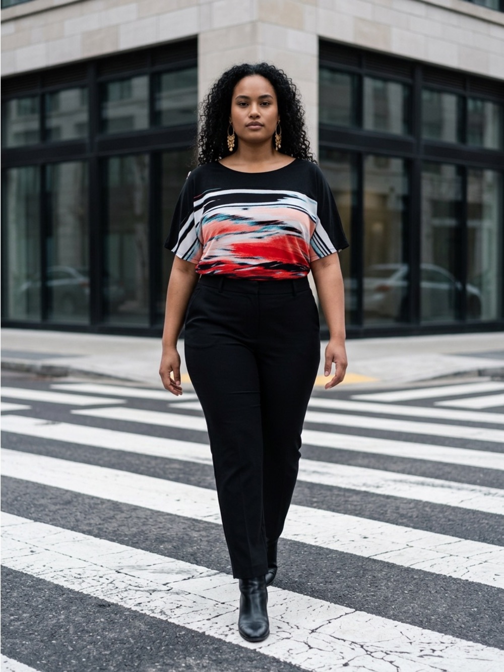Calvin Klein Black Short-Sleeve Top with Red, Coral & White Abstract Stripe